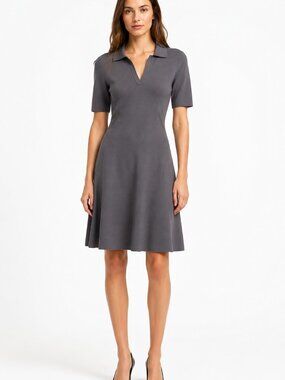 BOSS Hugo Boss Grey Fine Knit Polo Collar A-Line Sweater Dress - Size L